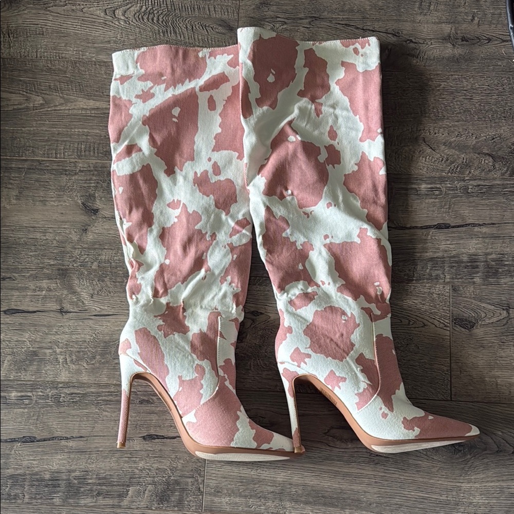 Pink and White Cow-print Knee-High Boots